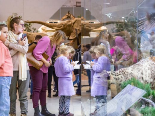 Группа детей в музее с чучелами животных