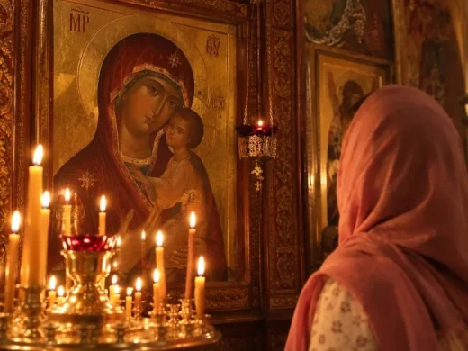 Девочка перед иконой Божией Матери