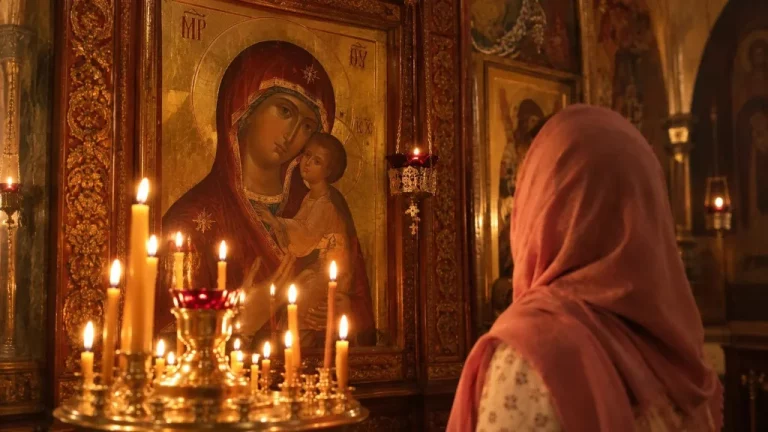 Девочка перед иконой Божией Матери
